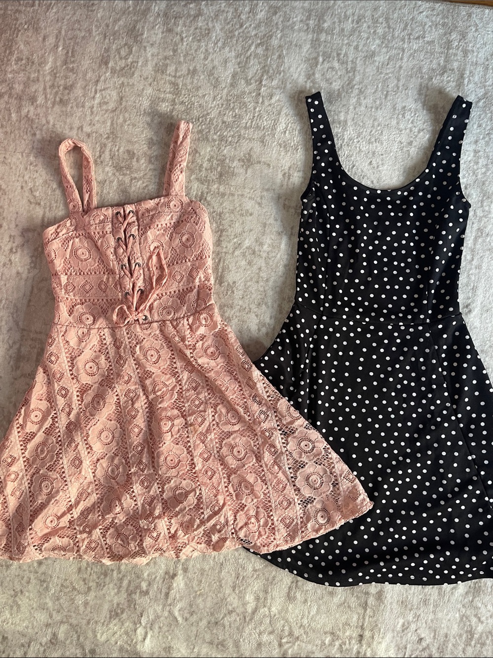 Pink Lace Sundress & Black Polka Dot Dress - Cute Summer Duo Bundle
